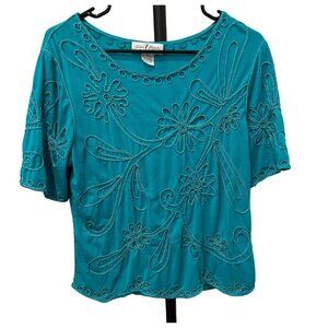 Once Again Womens Teal Embroidered Short Sleeved Blouse Sz PXL